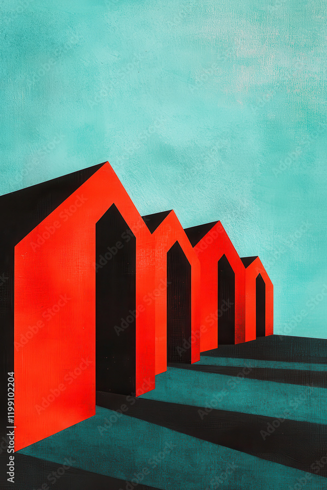 Poster discover the bold minimalist abstract red architectural forms with strong geometric shadows in a mod