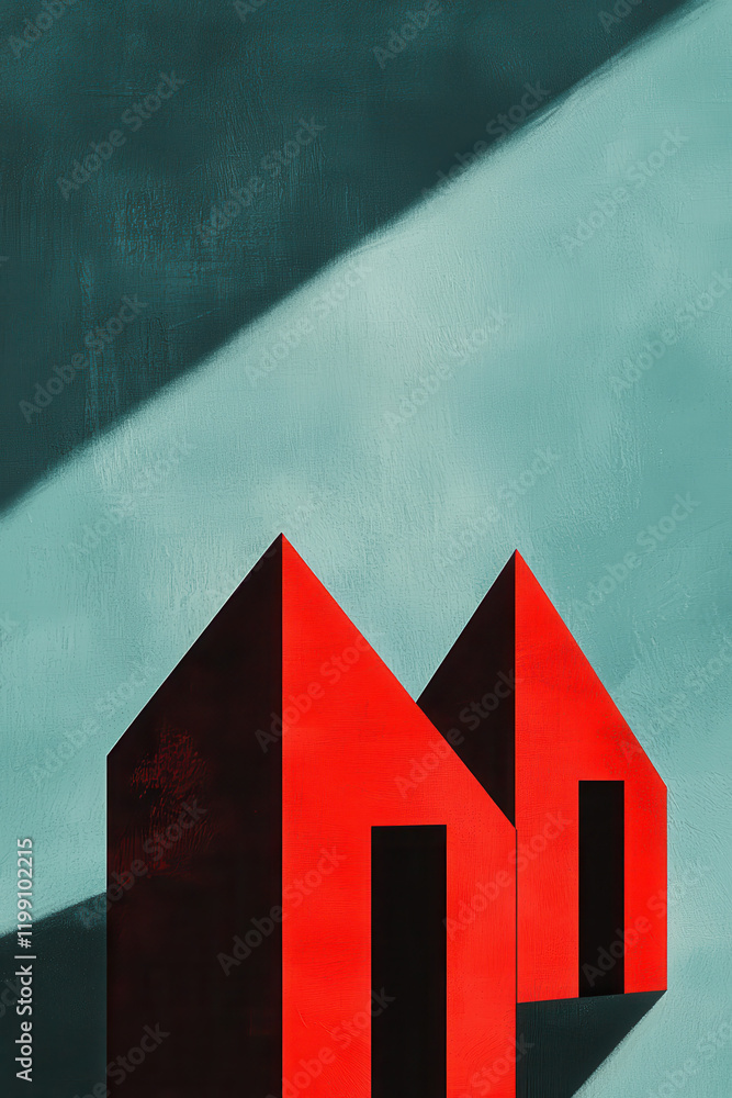 Aufkleber exploring minimalist architectural art with vivid red geometric structures and striking shadows