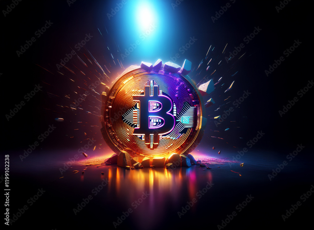 Poster a glowing, fragmented bitcoin symbol explodes with vibrant energy, illuminated by a bright light aga