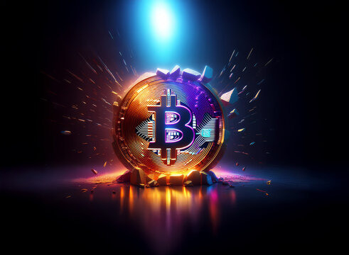 A glowing, fragmented Bitcoin symbol explodes with vibrant energy, illuminated by a bright light against a dark background. The shattered pieces reflect the intense light, creating a dramatic visual - Powered by Adobe