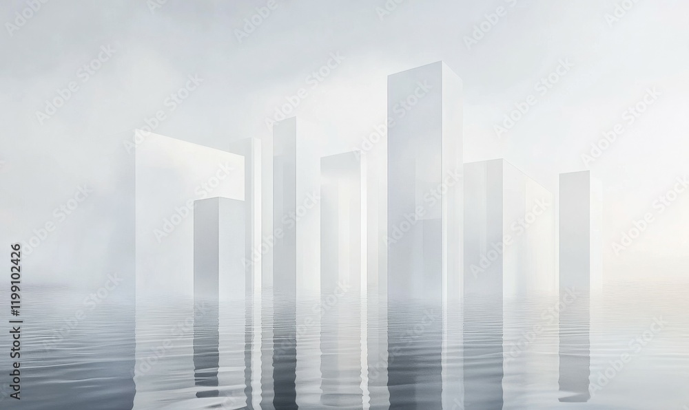 Poster geometric abstract with minimalist white structures reflecting in water