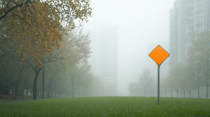 foggy urban landscape features bright orange warning sign amidst green grass and trees. atmosphere is serene yet mysterious
