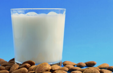 Almond milk, scattered natural almonds and milk in a glass, on a blue background.