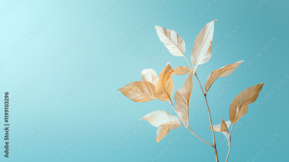Poster elegant leaves in soft hues against serene blue background create calming atmosphere