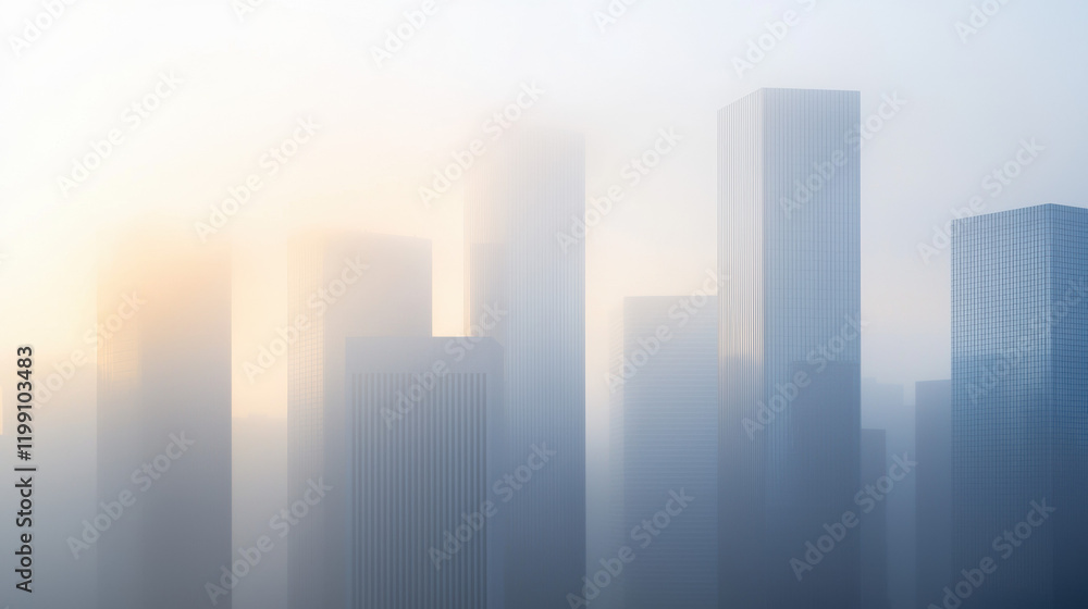 Poster misty skyline with tall buildings shrouded in fog, creating serene atmosphere