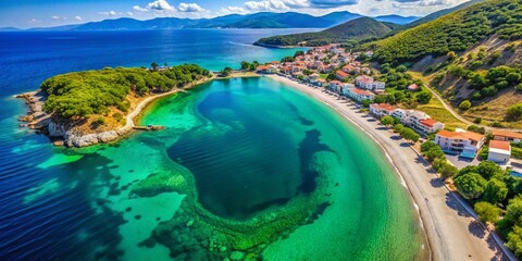 Obraz premium Drone View Great Sand Beach Marmari Greece, Emerald Waters, Fishing Village