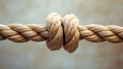 Strong rope knot, tied tightly, close-up, neutral background, teamwork concept