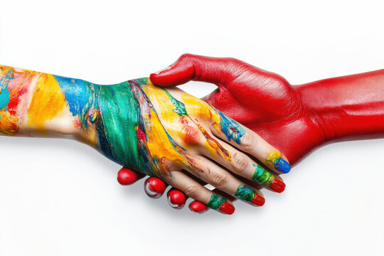 Colorful hands shake showcasing unity and creativity in artistic expression at a collaborative event