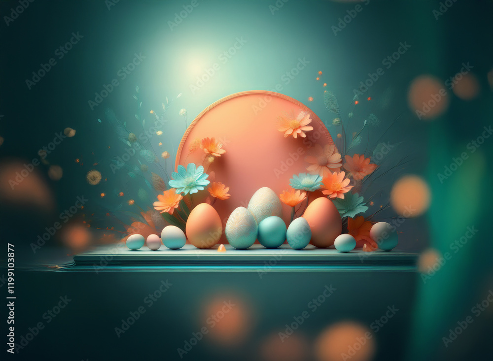 Poster pastel-colored eggs and flowers arranged around a peach-colored circle on a teal background. soft li