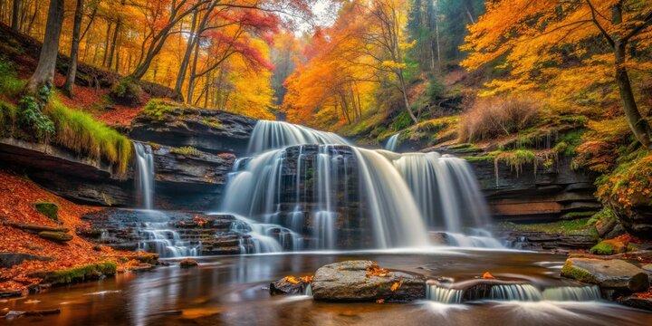 Ricketts Glen's Cayuga Falls mesmerizes in autumn; a long exposure captures its cascading beauty.
