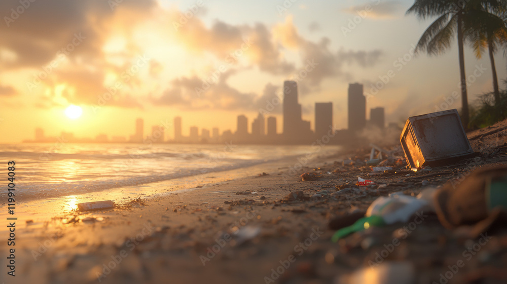 Poster sunset view of polluted beach with trash scattered on sand, highlighting environmental issues