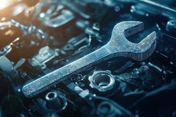 Fototapeta premium Futuristic Digital Wrench on Engine Components with a Soft Glow, Illustrating Modern Automotive Mechanics and Advanced Technology in Maintenance