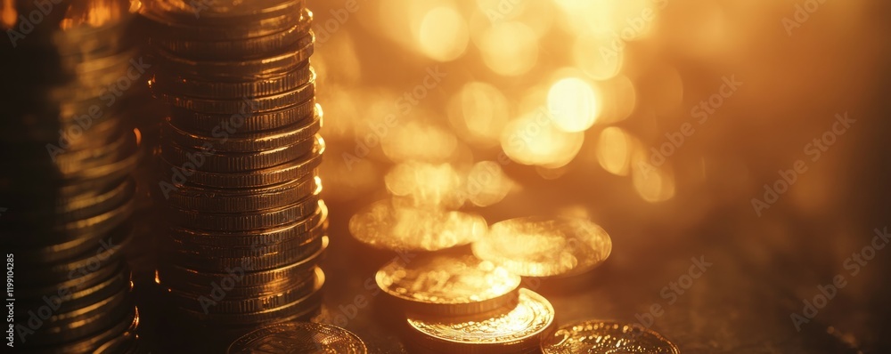 Poster gleaming stack of gold coins in dimly lit room with soft focus background.