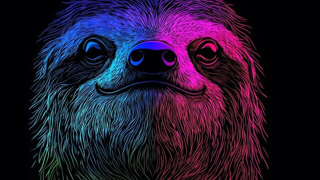 Colorful sloth illustration with vibrant patterns showcasing playful expression on a dark background