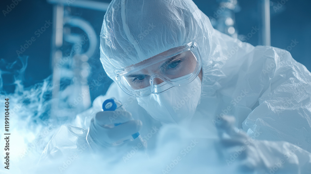 Poster scientist in protective gear conducts experiment with precision and focus, surrounded by vapor