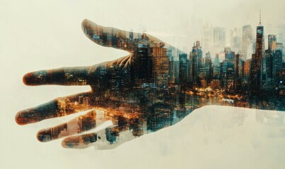 futuristic hand reaching out, symbolizing connection and innovation in digital world. hand is overlaid with cityscape imagery, representing technology and progress