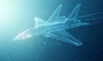 Futuristic Low Poly Digital Wireframe Airplane Concept in Blue Gradient Sky Background for Aerospace and Transport Content