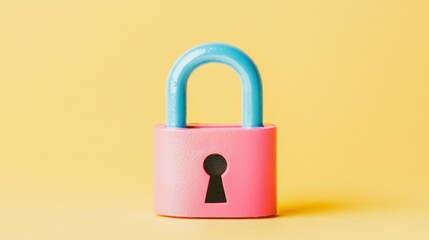 A miniature padlock with a pastel body on a light yellow background, playful and colorful