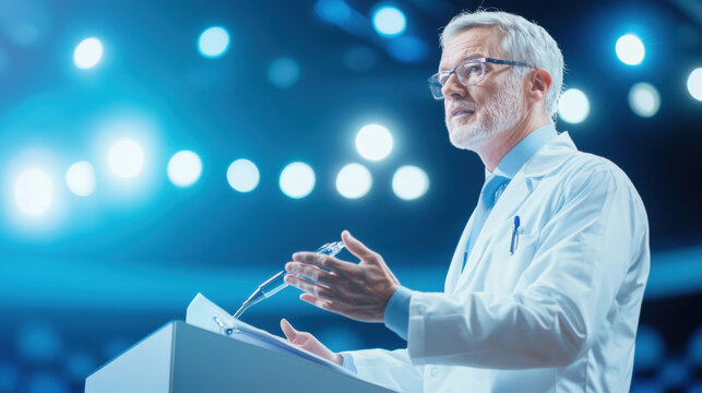 Medical professional delivering speech at conference, engaging audience with insights on healthcare advancements