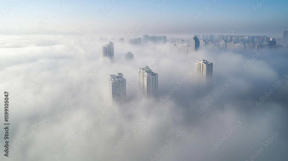 Poster Aerial view of skyscrapers emerging from dense fog, creating mystical atmosphere