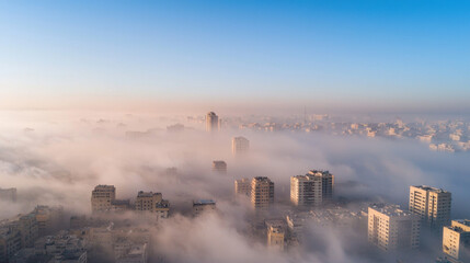 Fototapeta premium Aerial view of city shrouded in fog, showcasing buildings and skyline