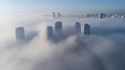 Fototapeta premium Aerial view of skyscrapers emerging from dense fog, creating mystical atmosphere
