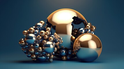 Abstract Gold and Blue Metallic Spheres Cluster Composition Modern Art 3D Render