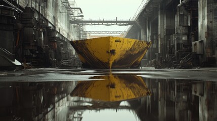 A large yellow painted industrial pump in the middle of a factory floor, conveying heavy machinery.