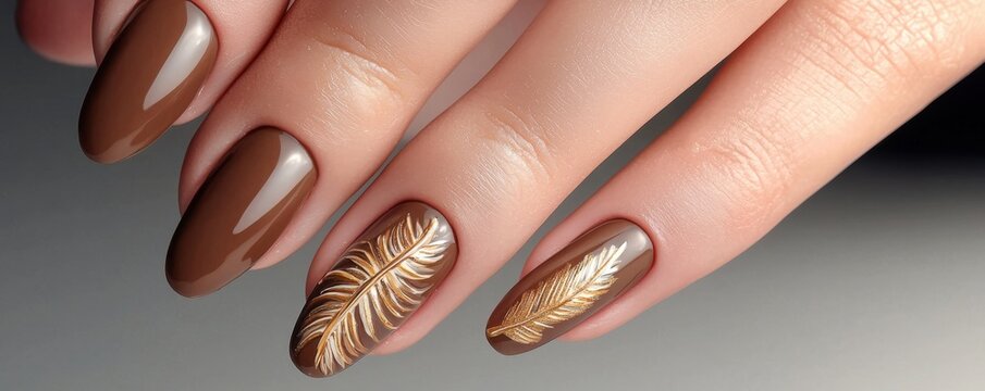 Holiday Themed Nail Art Concept. Stylish brown manicure with intricate gold design on one nail