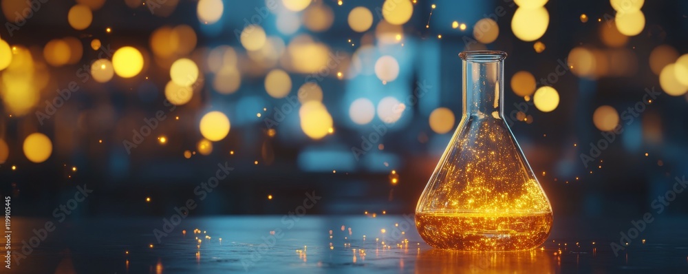 Poster glowing chemical reaction in a laboratory flask with bokeh lights.