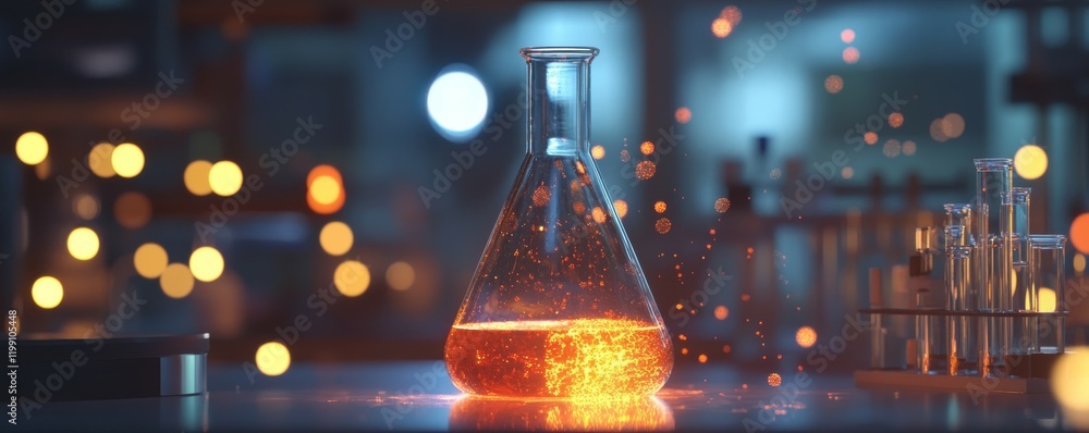Poster glowing chemical reaction in a laboratory flask with bokeh lights.