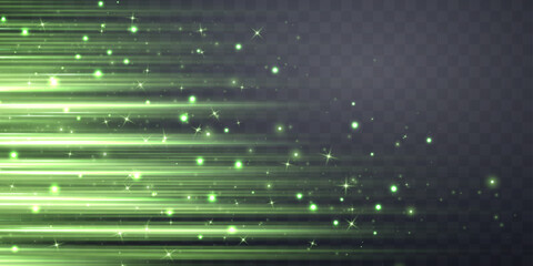 Green speed rays, velocity light neon flow, zoom in motion effect, glow speed lines, stripes with particles. Abstract background, vector illustration.