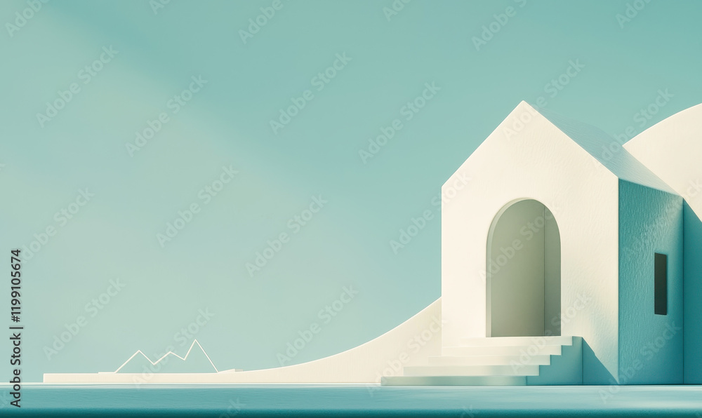 Poster explore minimalist architecture with elegant white structure and harmonious design in serene blue sk