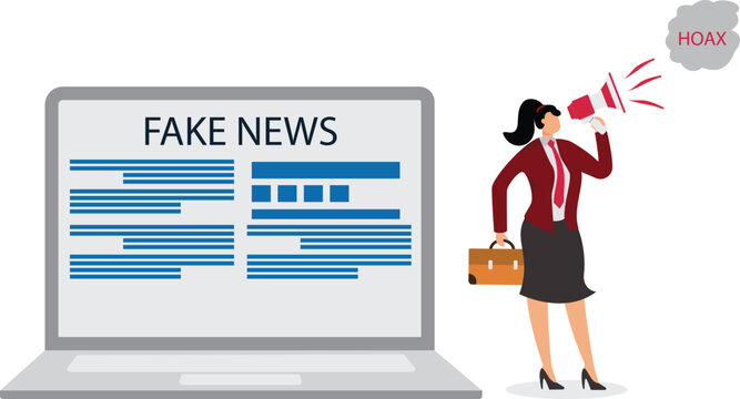 Businesswoman using megaphone conveying fake news or hoax on computer laptop, hoax or fake news illustration, misleading information from social media that creates misunderstandings