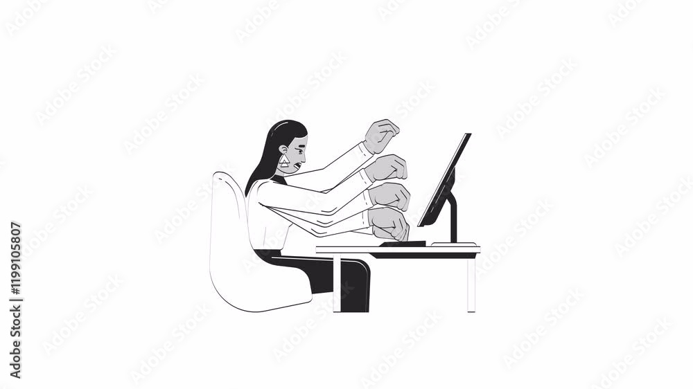 Poster overwhelmed professional woman multitasking at desk outline 2d character doodle animation. multiple 