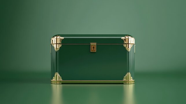 A luxury safe deposit box with gold accents placed on a smooth emerald green background