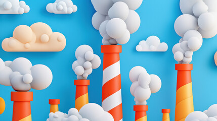 Colorful factory chimneys with smoke and clouds against blue background