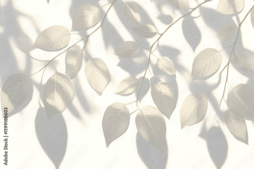 Poster elegant botanical illustration featuring delicate leaves and their shadows cast on a soft, white bac