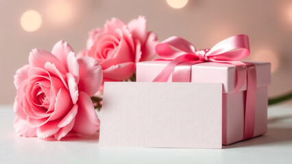 Layout of white blank greeting card, pink rose, petals and gift box. Holiday layout background. Template for a congratulation or ad text, notice or announcement promoting a product, service or event