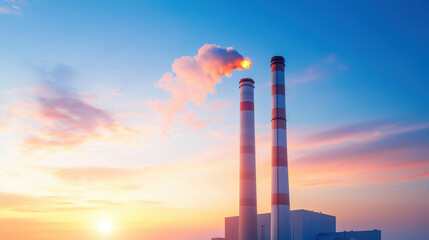 Industrial power plant with smokestacks emitting flames at sunset