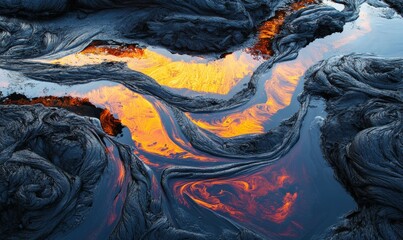 Obraz premium Lava flow with reflective oil deposits creating striking contrast