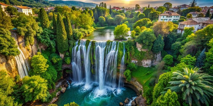 Edessa Waterfall, Greece - City Park Aerial View