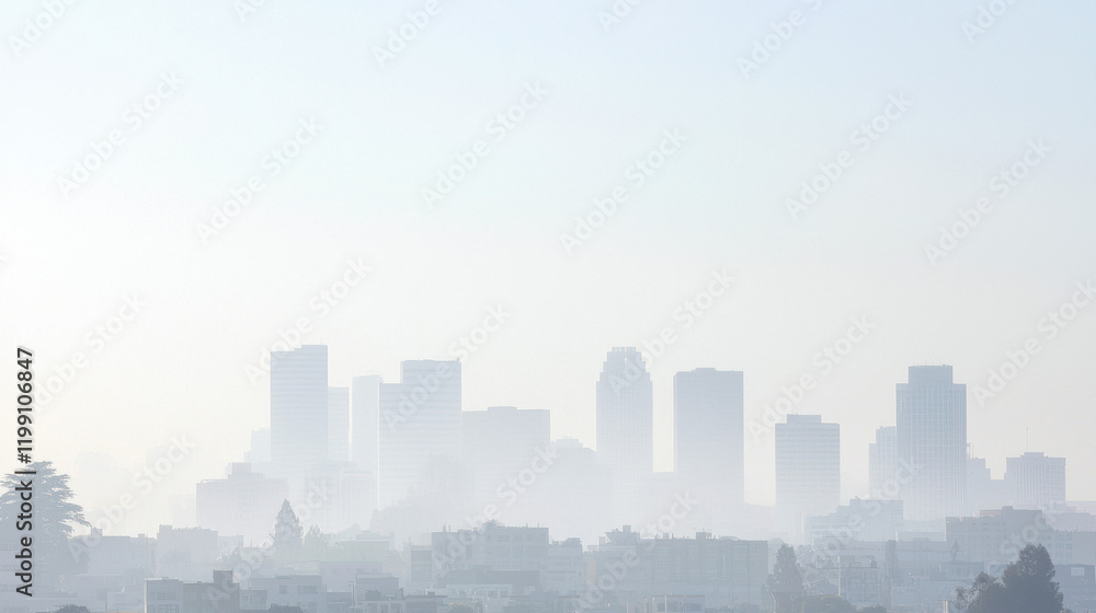 Aufkleber hazy skyline view of city with tall buildings and soft light