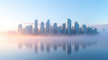 Fototapeta premium serene city skyline emerges from morning fog, reflecting in calm water