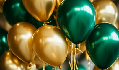 Golden and green balloons tied in a bundle hanging from the ceiling, decoration, gold, green