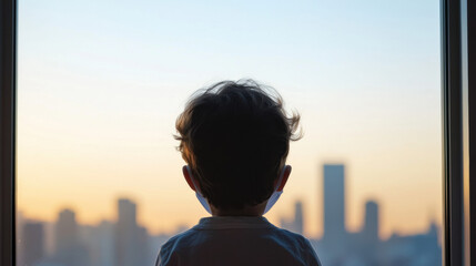 Fototapeta premium child gazes out at city skyline during sunset, evoking wonder and curiosity