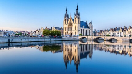 Fototapeta premium Scenic view of a historic building reflected in a calm river.