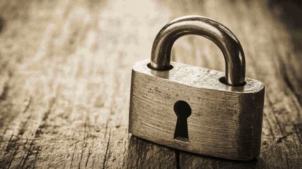 A padlock with a keyhole close-up, lying on a wooden-textured background in sepia tones