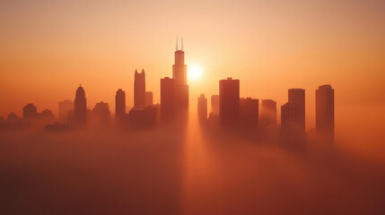 Fototapeta premium Stunning skyline at sunset with fog enveloping tall buildings
