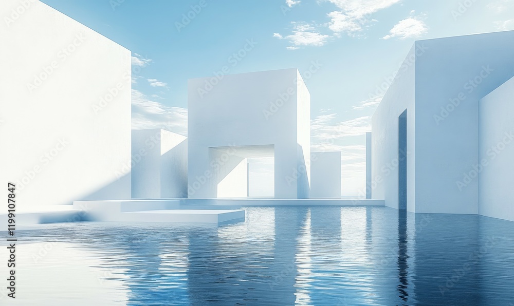 Poster geometric abstract with minimalist white structures reflecting in water